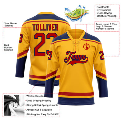 Custom Gold Red-Navy Hockey Lace Neck Jersey