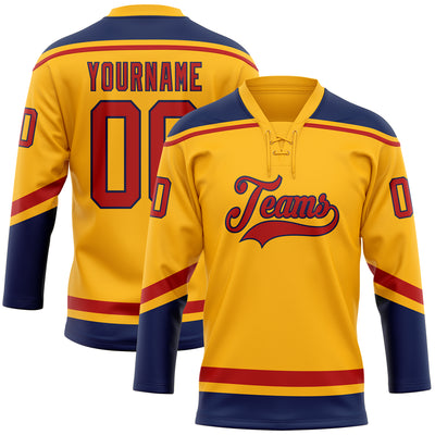 Custom Gold Red-Navy Hockey Lace Neck Jersey