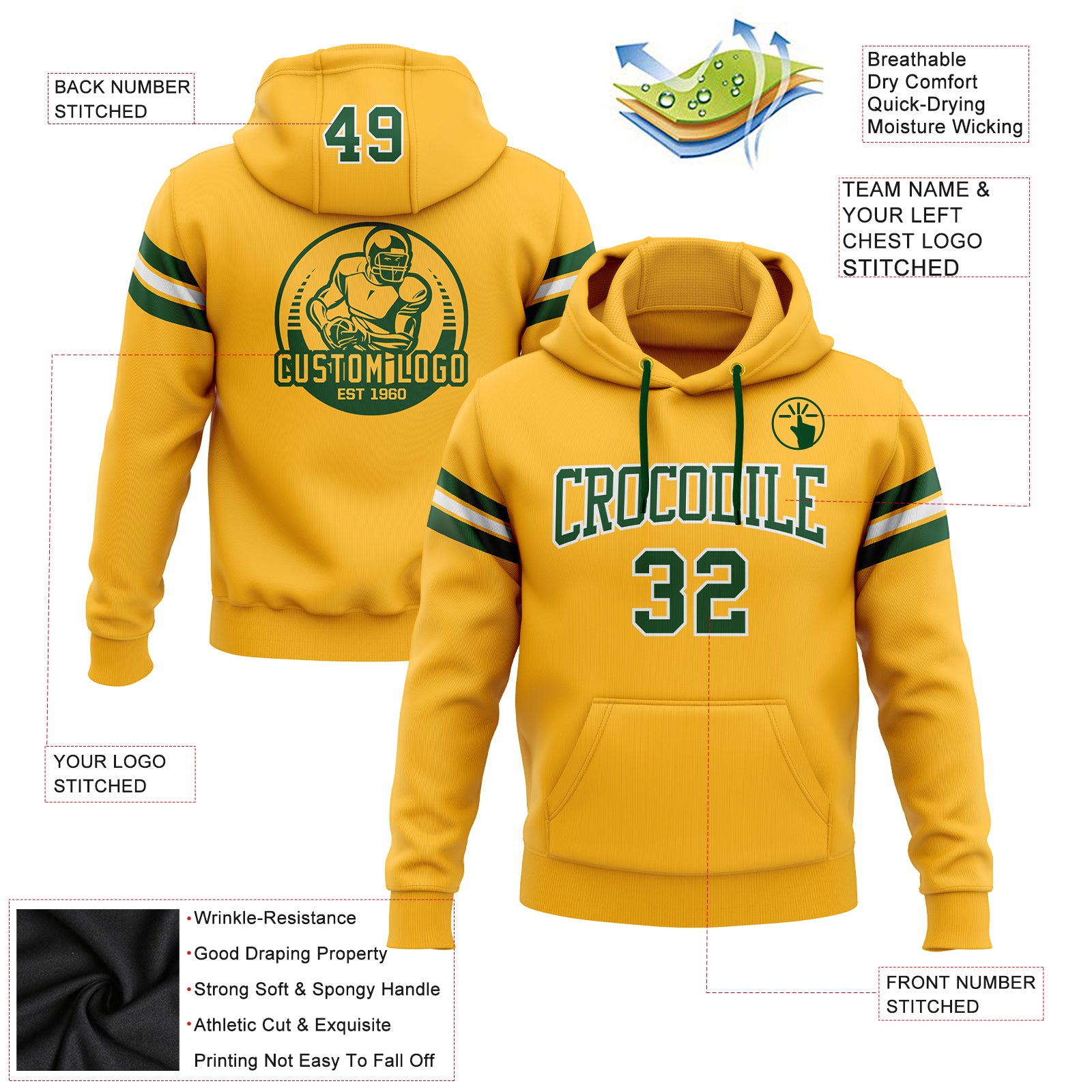 FANSIDEA Custom Stitched Green Gold-White Sports Pullover Sweatshirt Hoodie Youth Size:M