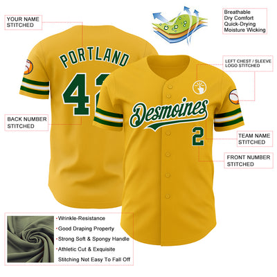 Custom Gold Green-White Authentic Baseball Jersey