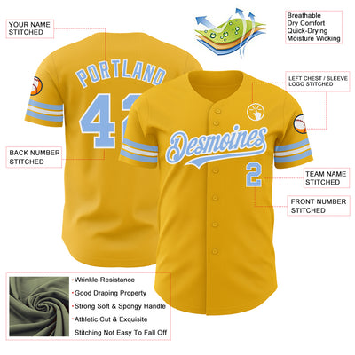 Custom Gold Light Blue-White Authentic Baseball Jersey