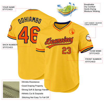 Custom Gold Orange-Navy Authentic Throwback Baseball Jersey