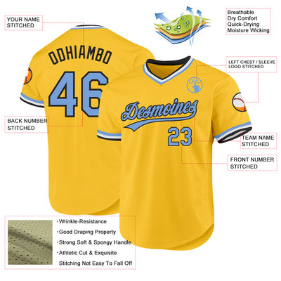 Custom Gold Light Blue-Black Authentic Throwback Baseball Jersey