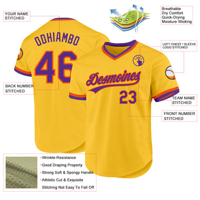 Custom Gold Purple-Orange Authentic Throwback Baseball Jersey