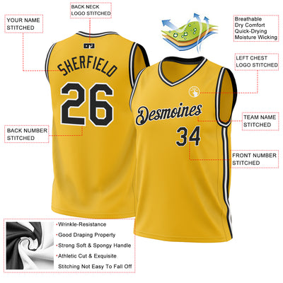 Custom Gold Black-White Authentic Throwback Basketball Jersey