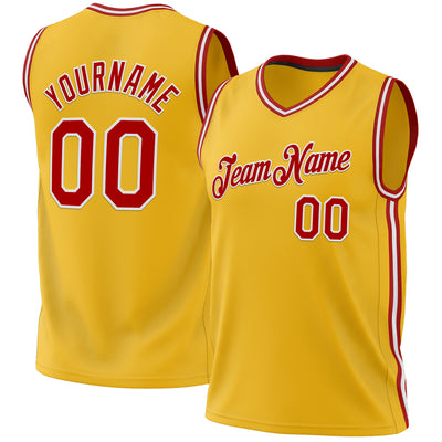 Custom Gold Red-White Authentic Throwback Basketball Jersey