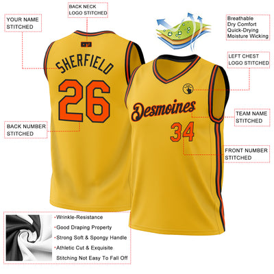 Custom Gold Orange-Black Authentic Throwback Basketball Jersey