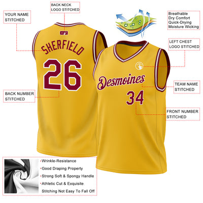 Custom Gold Maroon-White Authentic Throwback Basketball Jersey