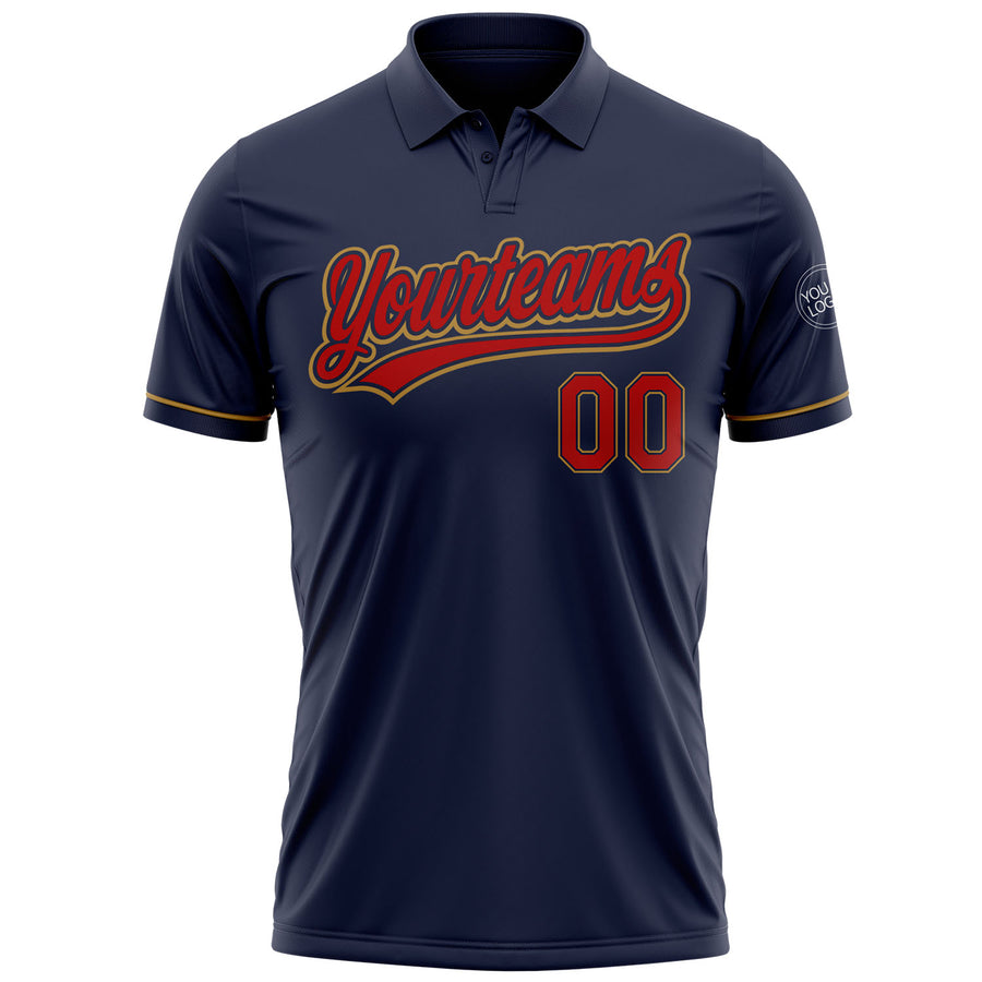 Custom Navy Red-Old Gold Performance Vapor Golf Polo Shirt