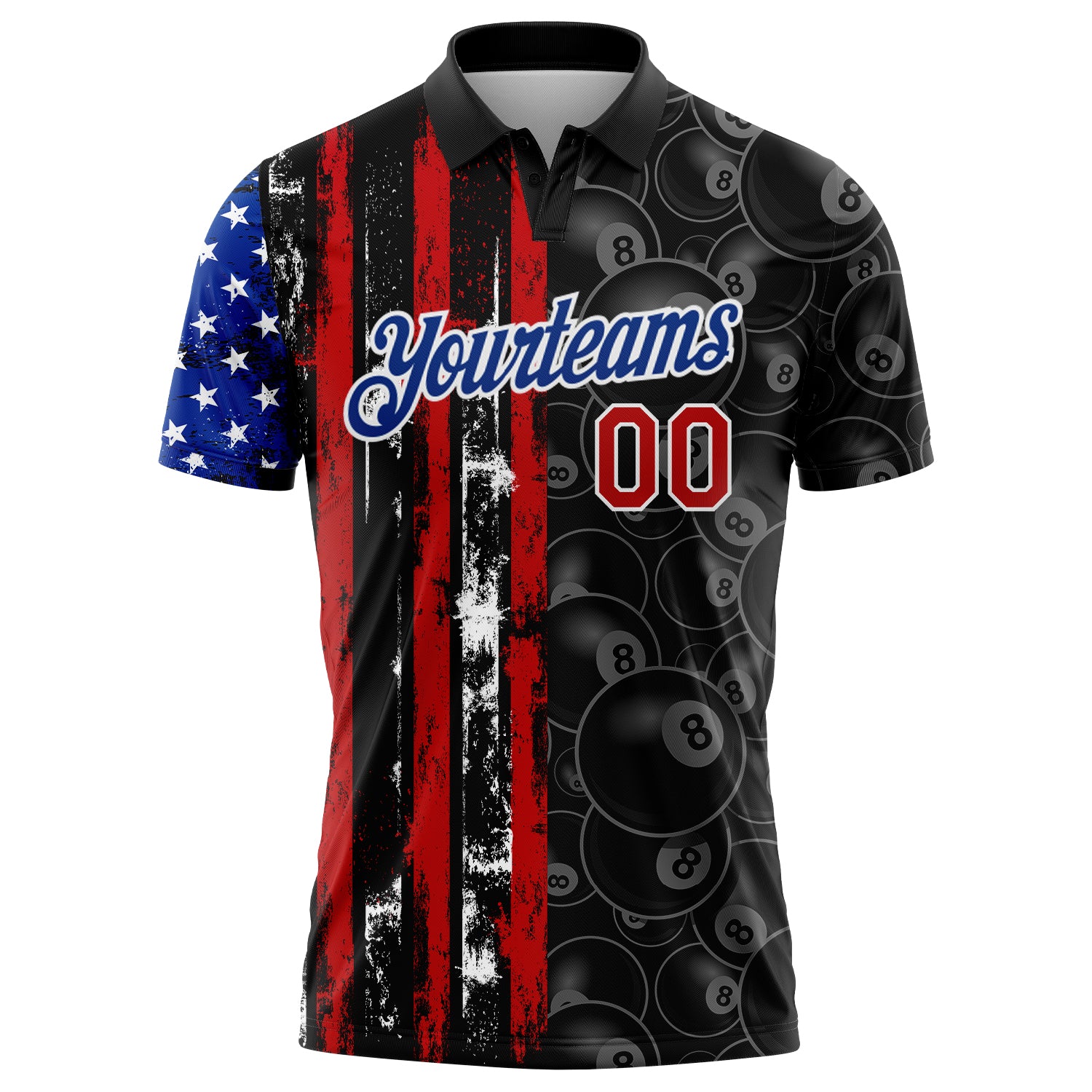 Custom Black Red-Royal 3D Pattern Design Billiards Snooker 8 Ball American Flag Performance Polo Shirt