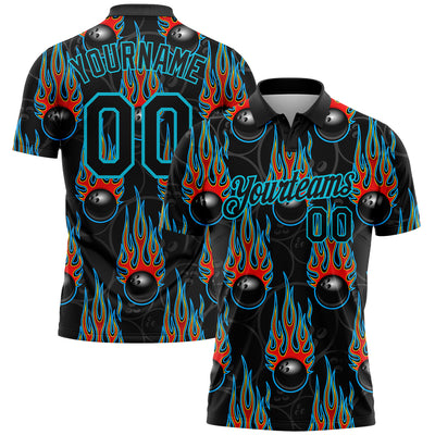 Custom Black Lakes Blue 3D Pattern Design Bowling Ball With Hotrod Flame Performance Polo Shirt