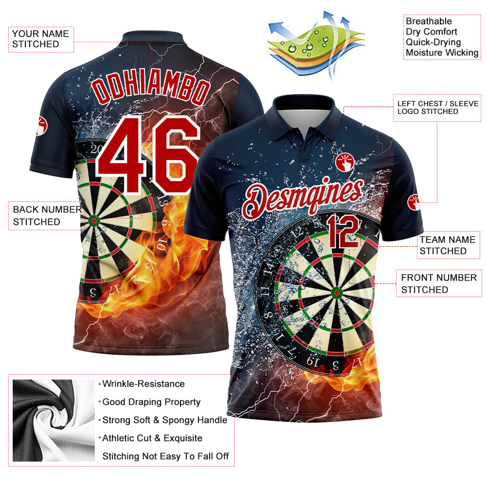 Custom Black Red-White 3D Pattern Design Flame Dart Board Performance Golf Polo Shirt