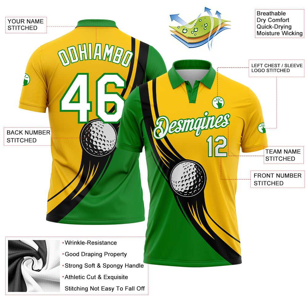 Custom Yellow White-Grass Green 3D Pattern Design Golf Ball Performance Golf Polo Shirt