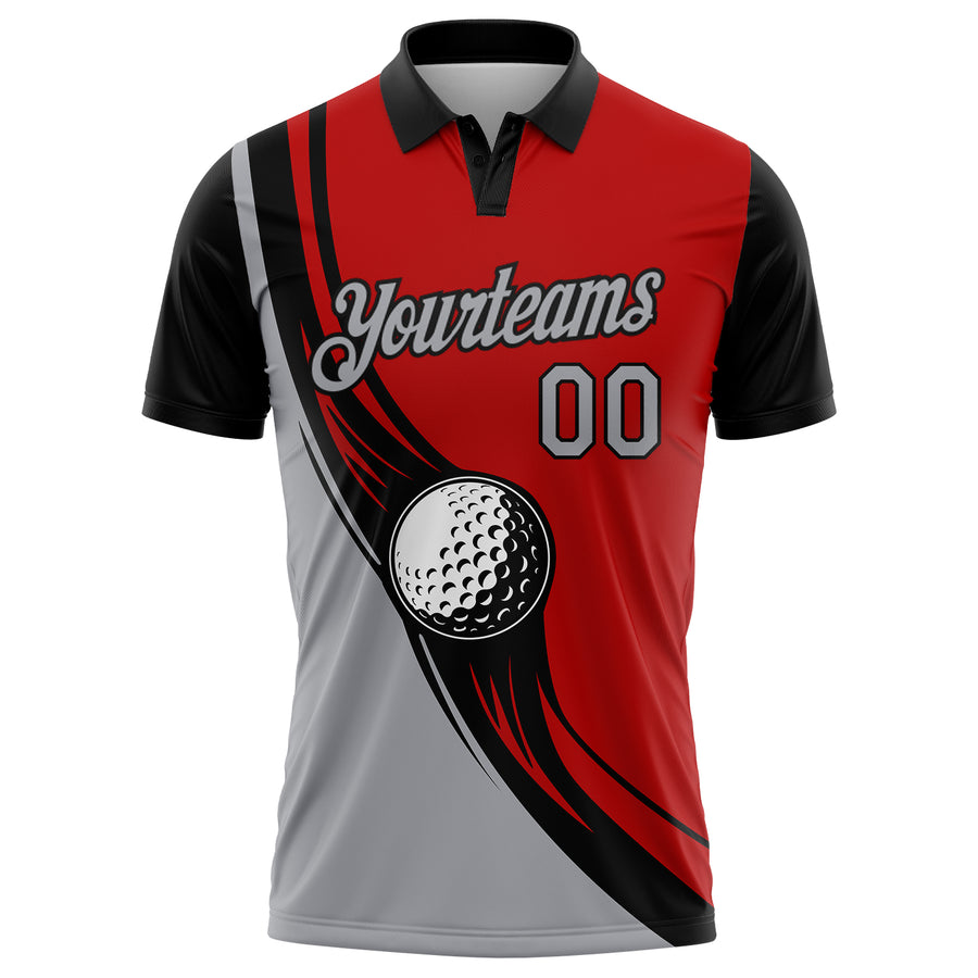 Custom Red Gray-Black 3D Pattern Design Golf Ball Performance Golf Polo Shirt