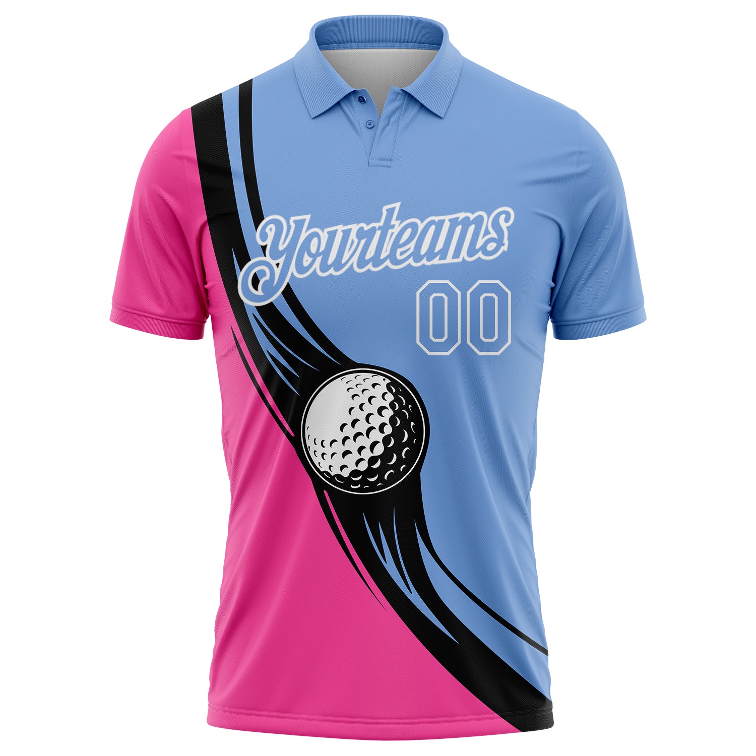 Custom Light Blue Pink-Black 3D Pattern Design Golf Ball Performance Golf Polo Shirt