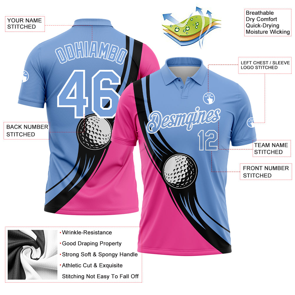 Custom Light Blue Pink-Black 3D Pattern Design Golf Ball Performance Golf Polo Shirt