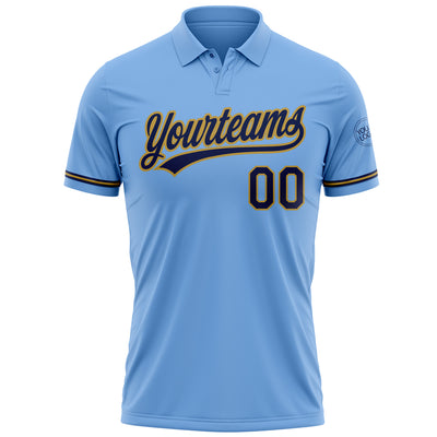 Custom Light Blue Navy-Old Gold Performance Vapor Golf Polo Shirt