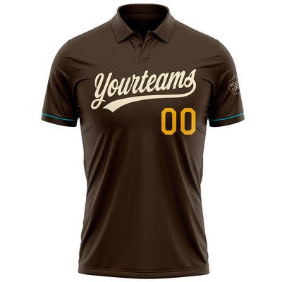 Custom Brown Cream Gold-Teal Performance Vapor Golf Polo Shirt