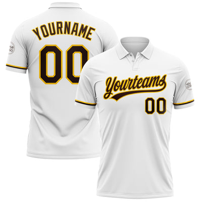 Custom White Brown-Yellow Performance Vapor Golf Polo Shirt