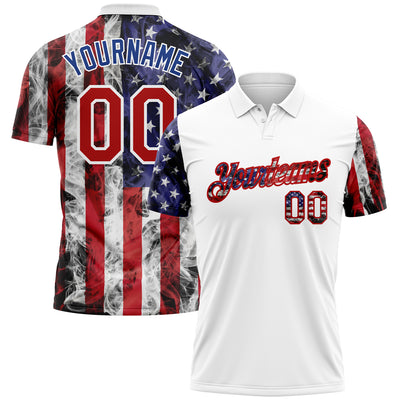 Custom White Red-Royal 3D American Flag Performance Golf Polo Shirt