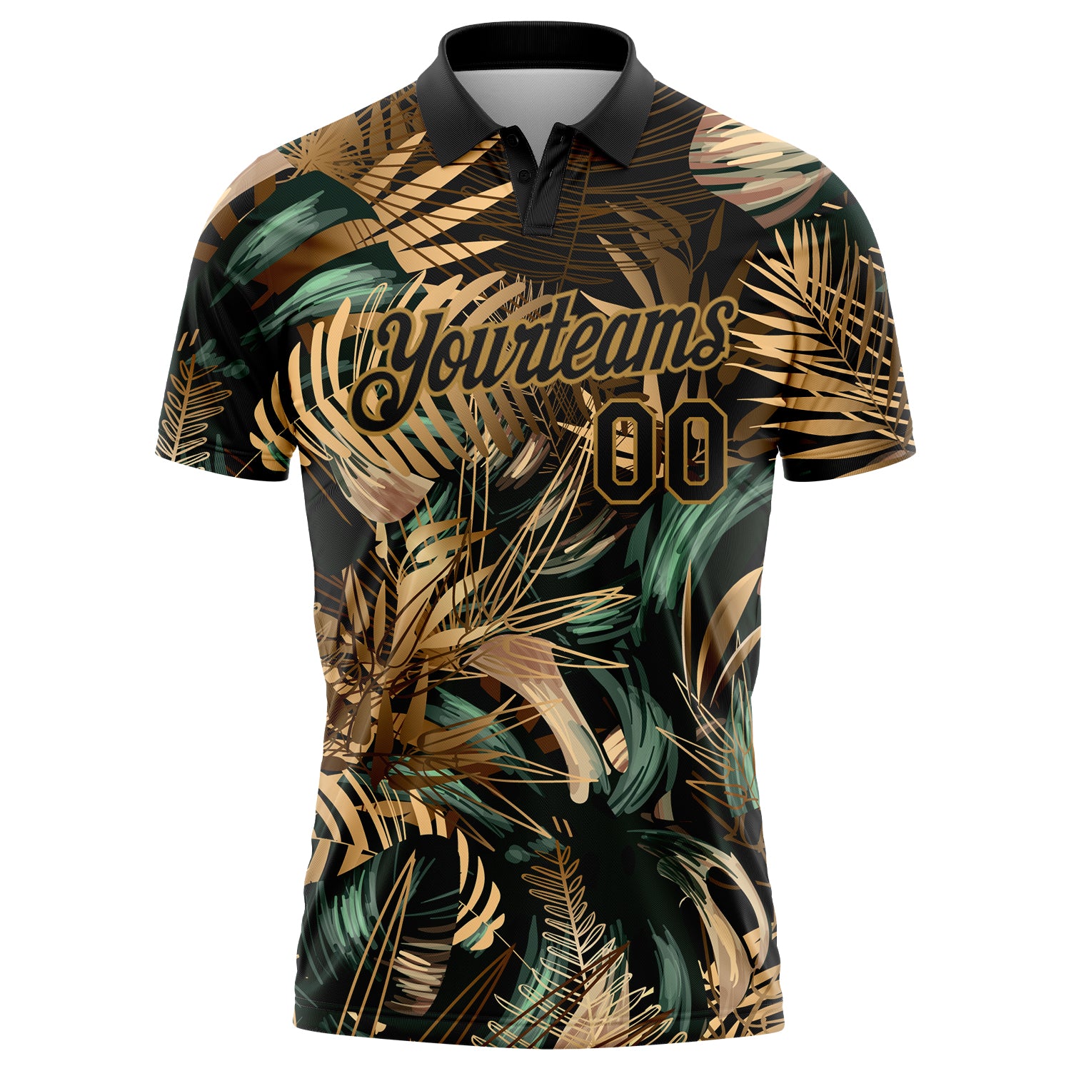 Custom Black Old Gold 3D Pattern Design Golden And Green Tropical Leaves In The Style Of Jungle And Hawaii Performance Golf Polo Shirt