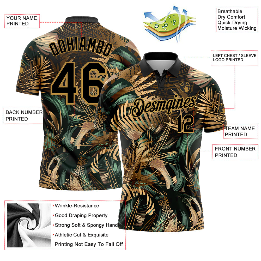 Custom Black Old Gold 3D Pattern Design Golden And Green Tropical Leaves In The Style Of Jungle And Hawaii Performance Golf Polo Shirt