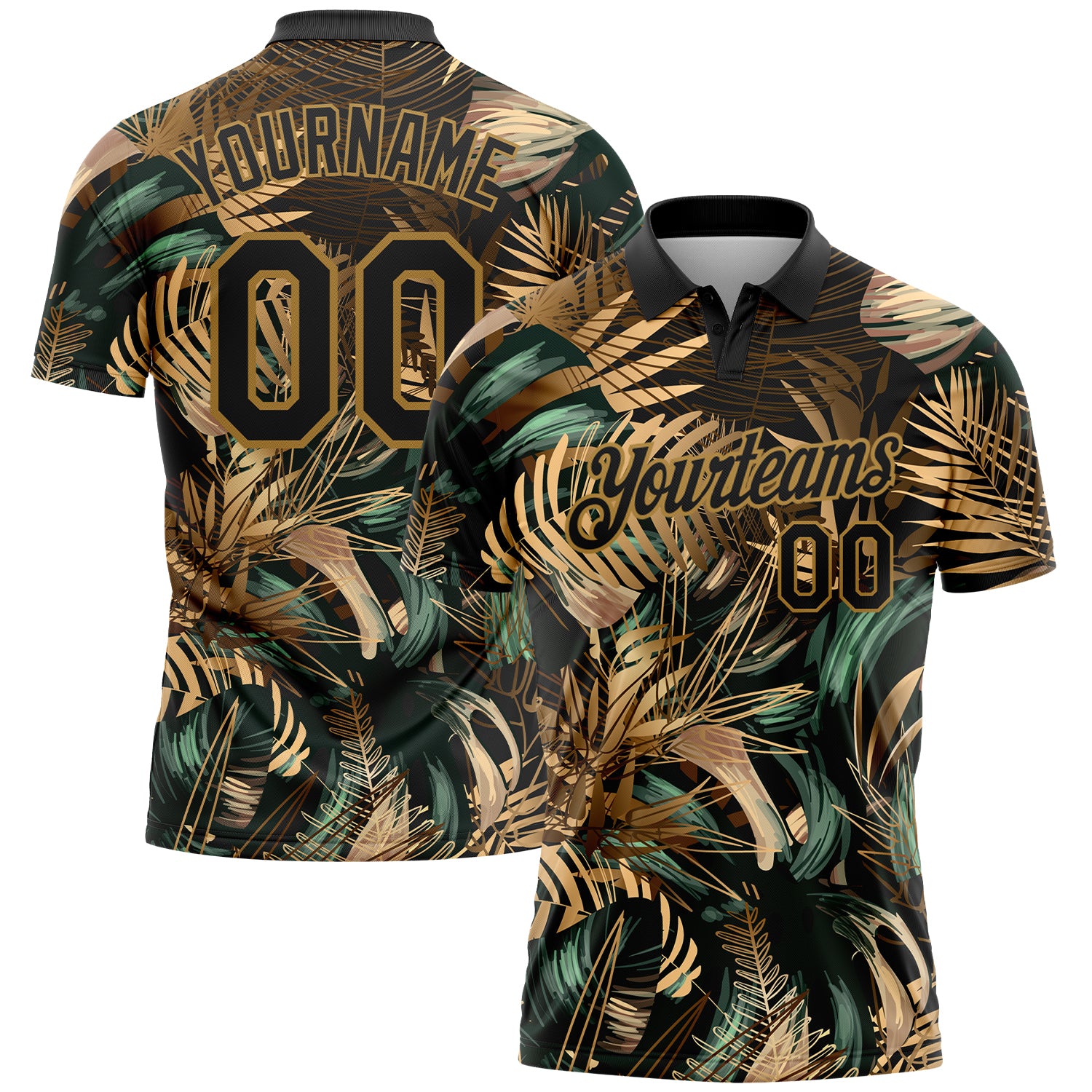 Custom Black Old Gold 3D Pattern Design Golden And Green Tropical Leaves In The Style Of Jungle And Hawaii Performance Golf Polo Shirt