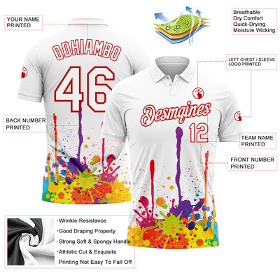 Custom White Red 3D Pattern Design Colorful Bright Ink Splashes Performance Golf Polo Shirt