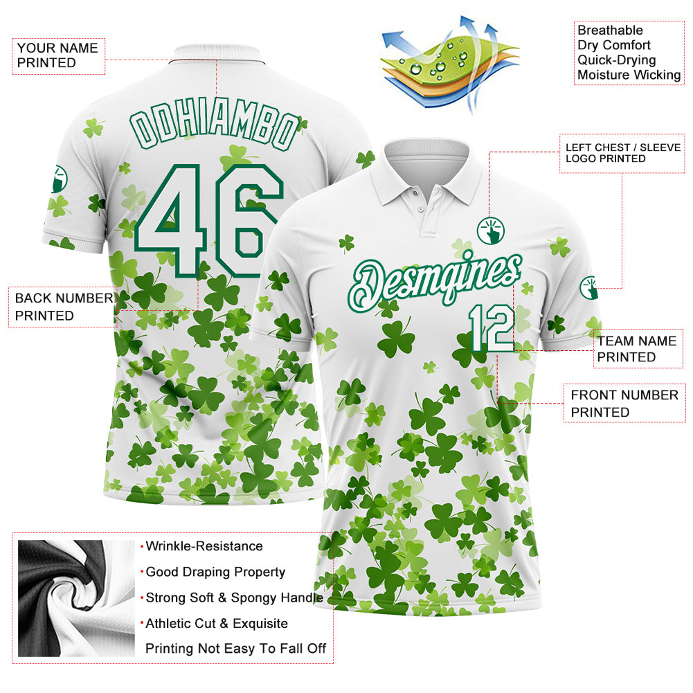 Custom White Kelly Green 3D Pattern Design St.Patrick's Day Performance Golf Polo Shirt