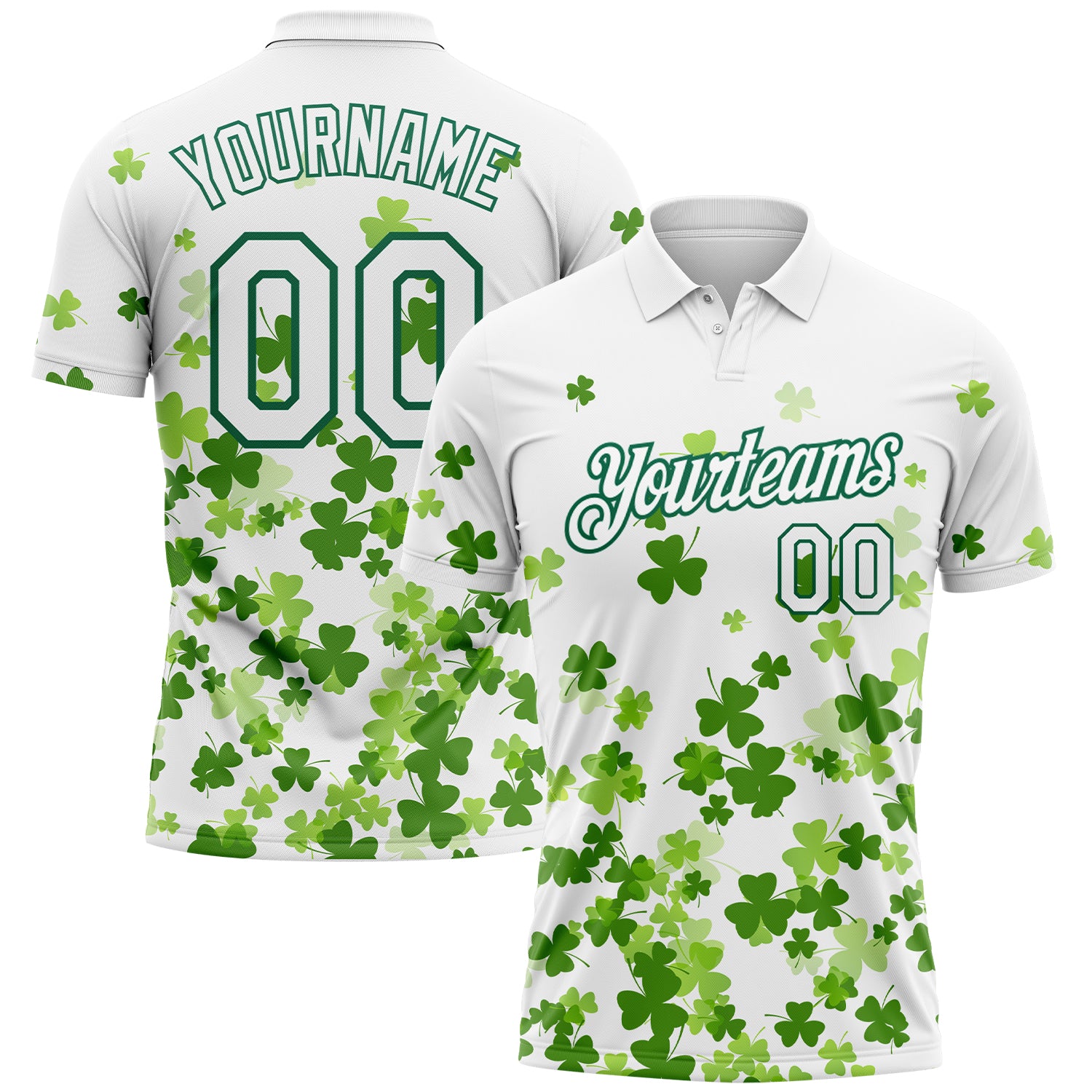 Custom White Kelly Green 3D Pattern Design St.Patrick's Day Performance Golf Polo Shirt