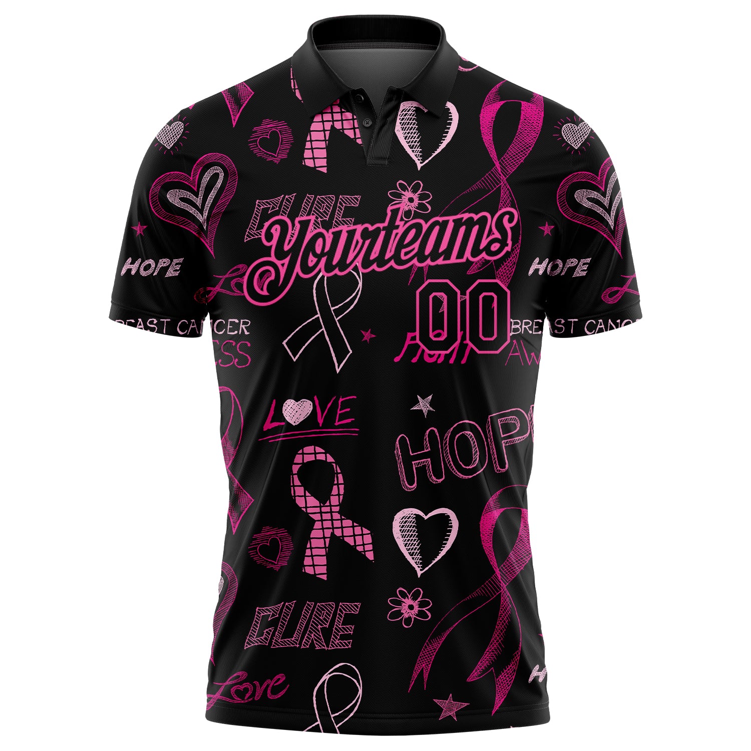 Custom Black Pink 3D Pattern Design Pink Ribbon Breast Cancer Awareness Month Women Health Care Support Performance Golf Polo Shirt