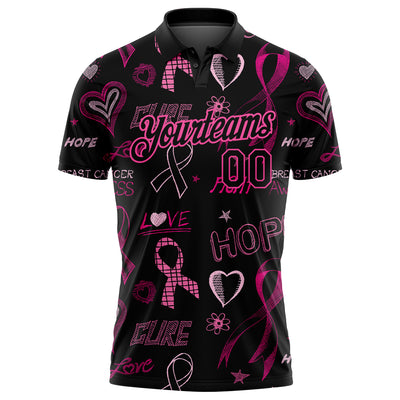 Custom Black Pink 3D Pattern Design Pink Ribbon Breast Cancer Awareness Month Women Health Care Support Performance Golf Polo Shirt