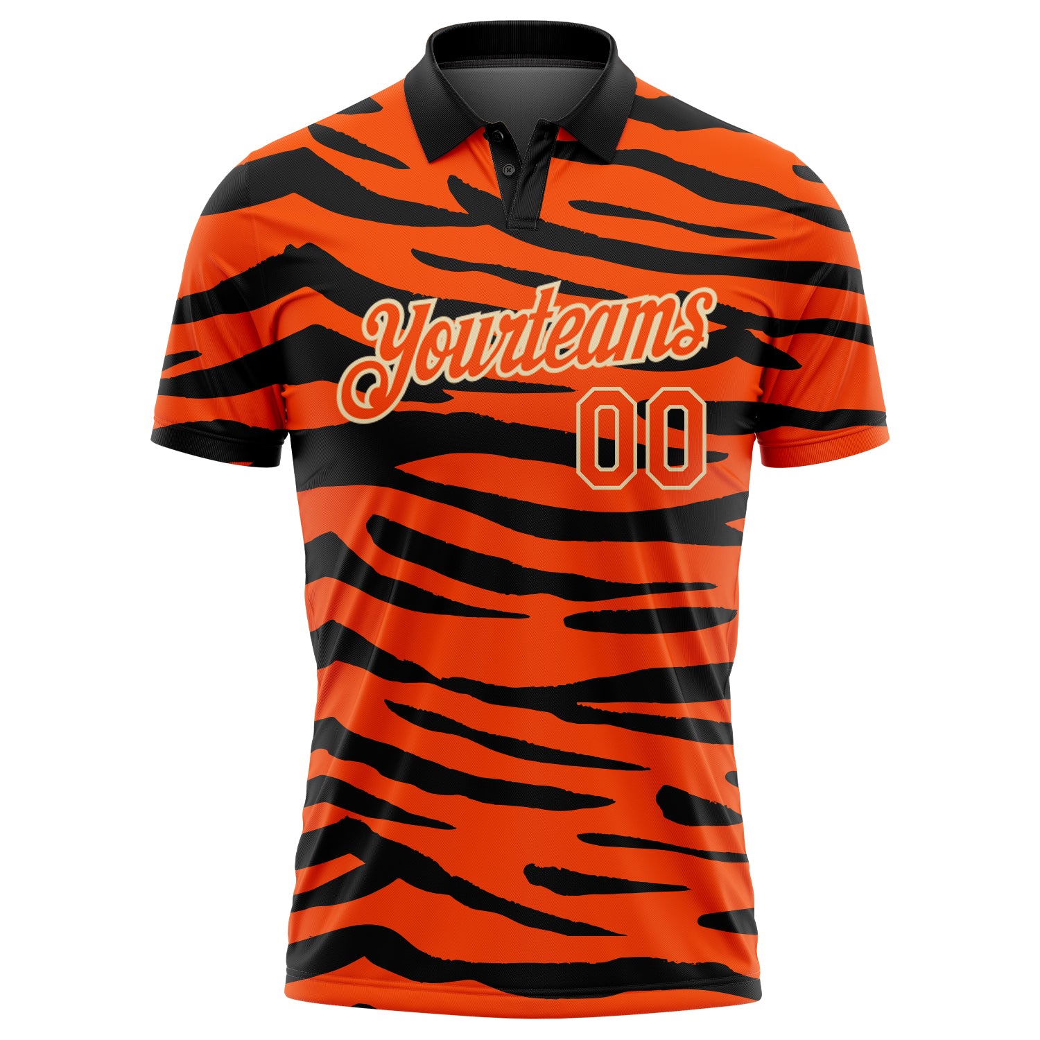 Custom Orange Cream-Black 3D Pattern Design Tiger Print Performance Golf Polo Shirt