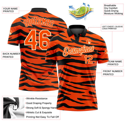 Custom Orange Cream-Black 3D Pattern Design Tiger Print Performance Golf Polo Shirt