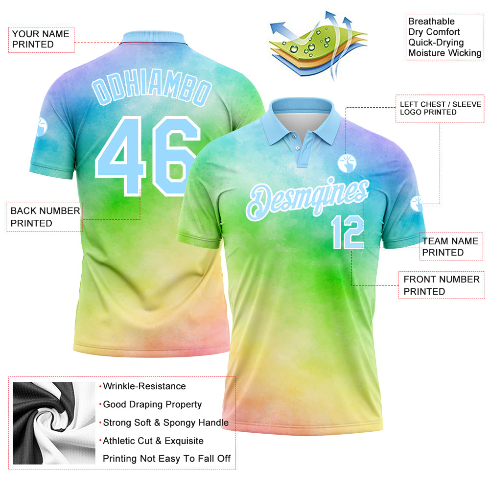 Custom Tie Dye Light Blue-White 3D Rainbow Performance Golf Polo Shirt