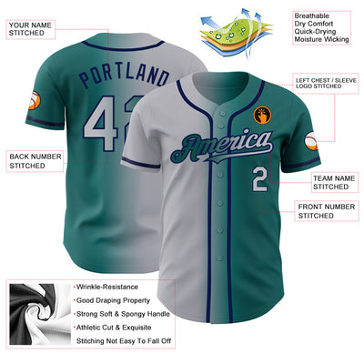 Custom Teal Gray-Navy Authentic Gradient Fashion Baseball Jersey