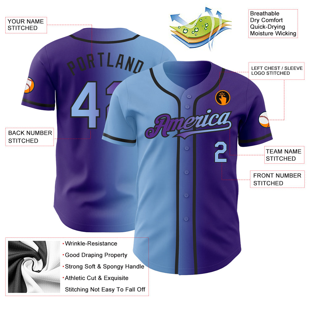 Custom Black Purple-Light Blue Authentic Raglan Sleeves Baseball Jersey