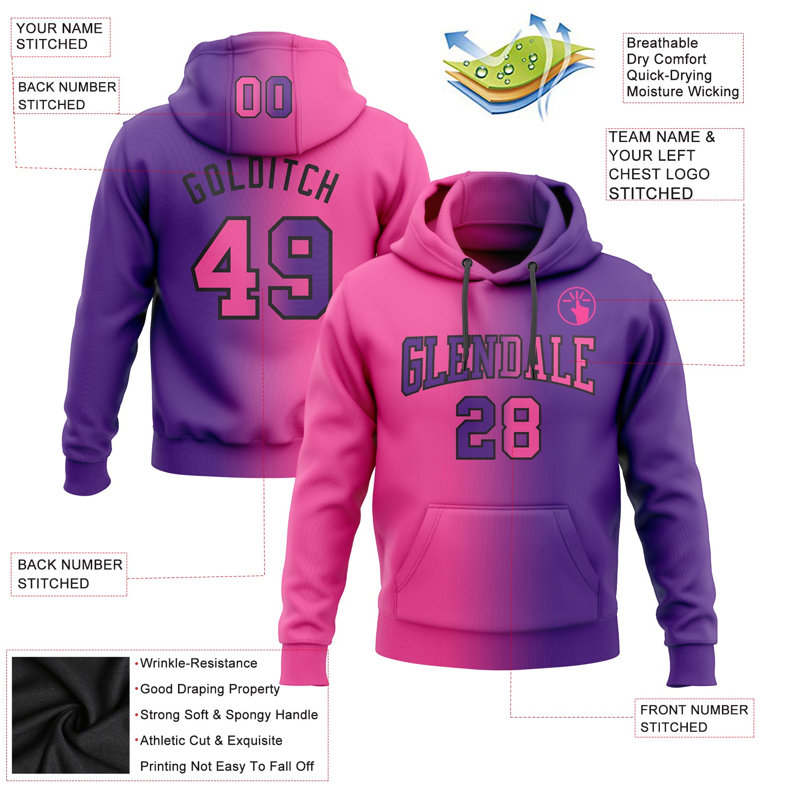 Custom Purple Sweatshirt Hoodie Pink Black Gradient Fashion Sports