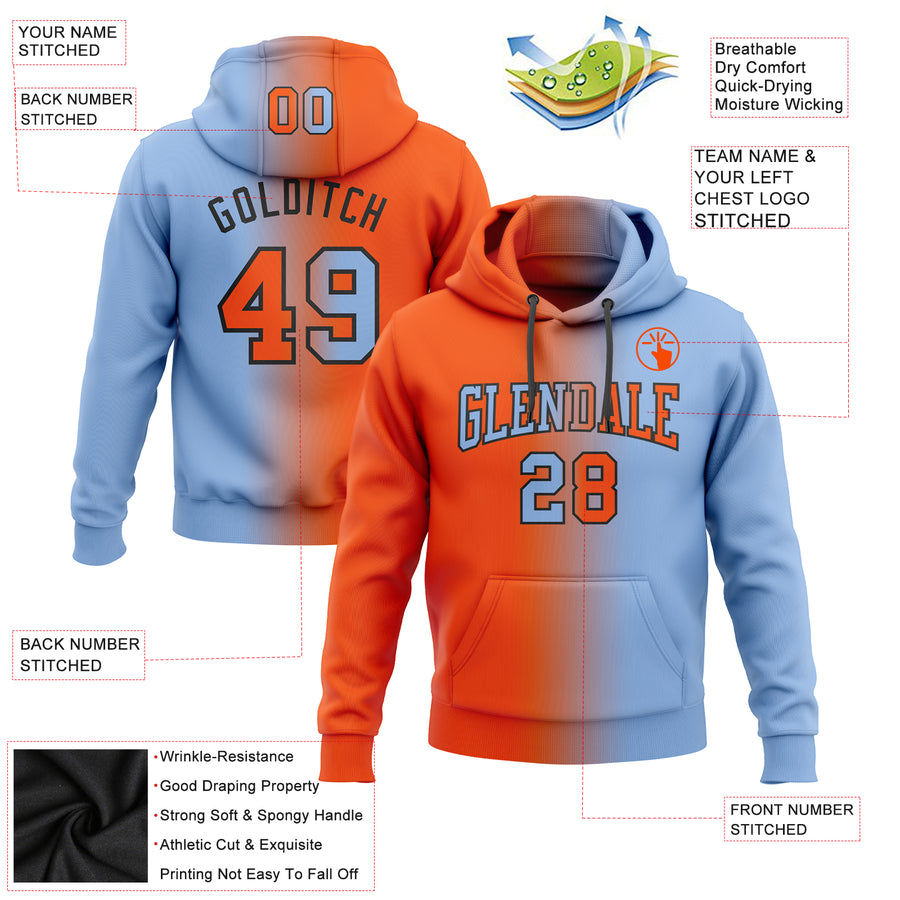 Custom Stitched Light Blue Orange-Black Gradient Fashion Sports Pullover Sweatshirt Hoodie