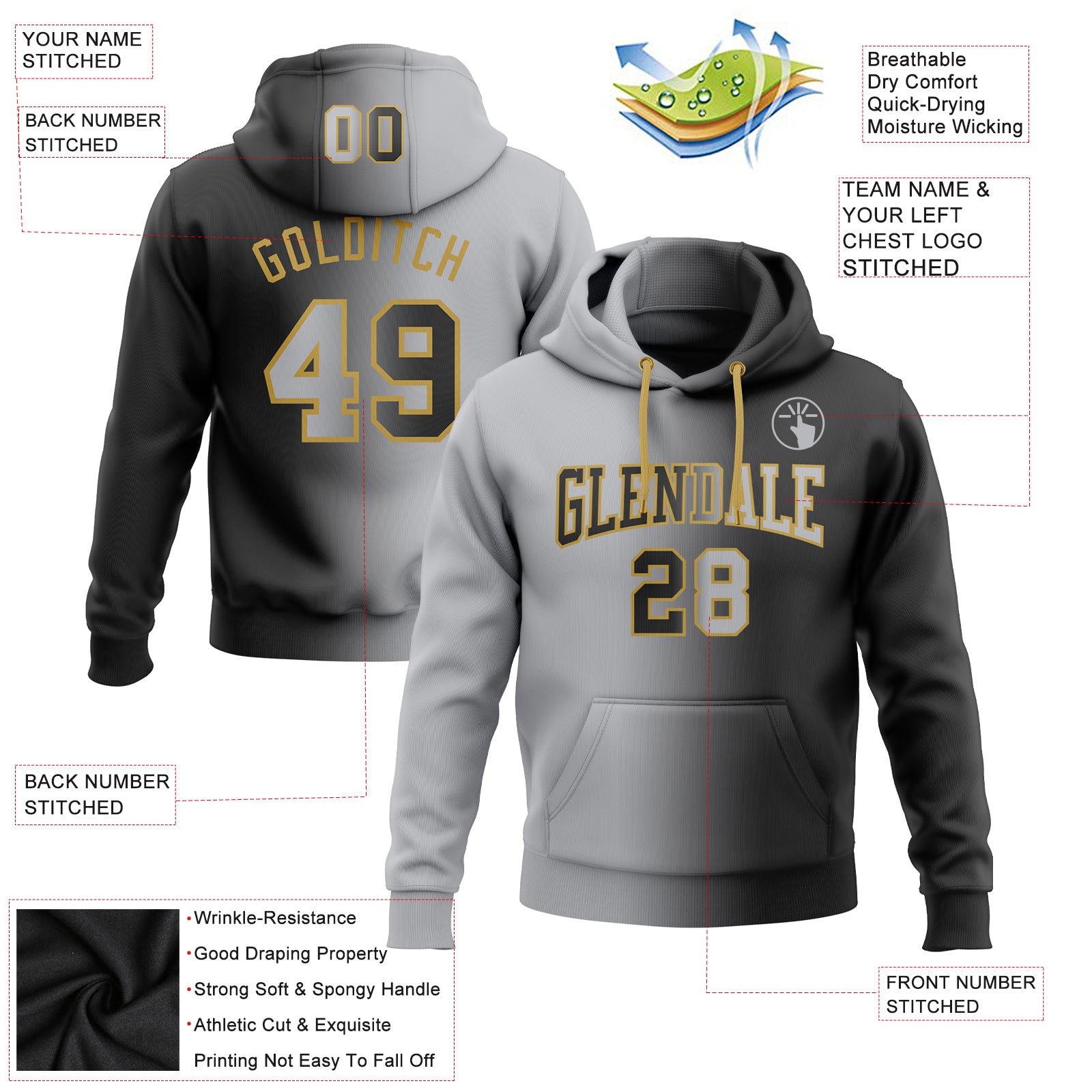 Custom Stitched Black Gray-Old Gold Gradient Fashion Sports Pullover Sweatshirt Hoodie