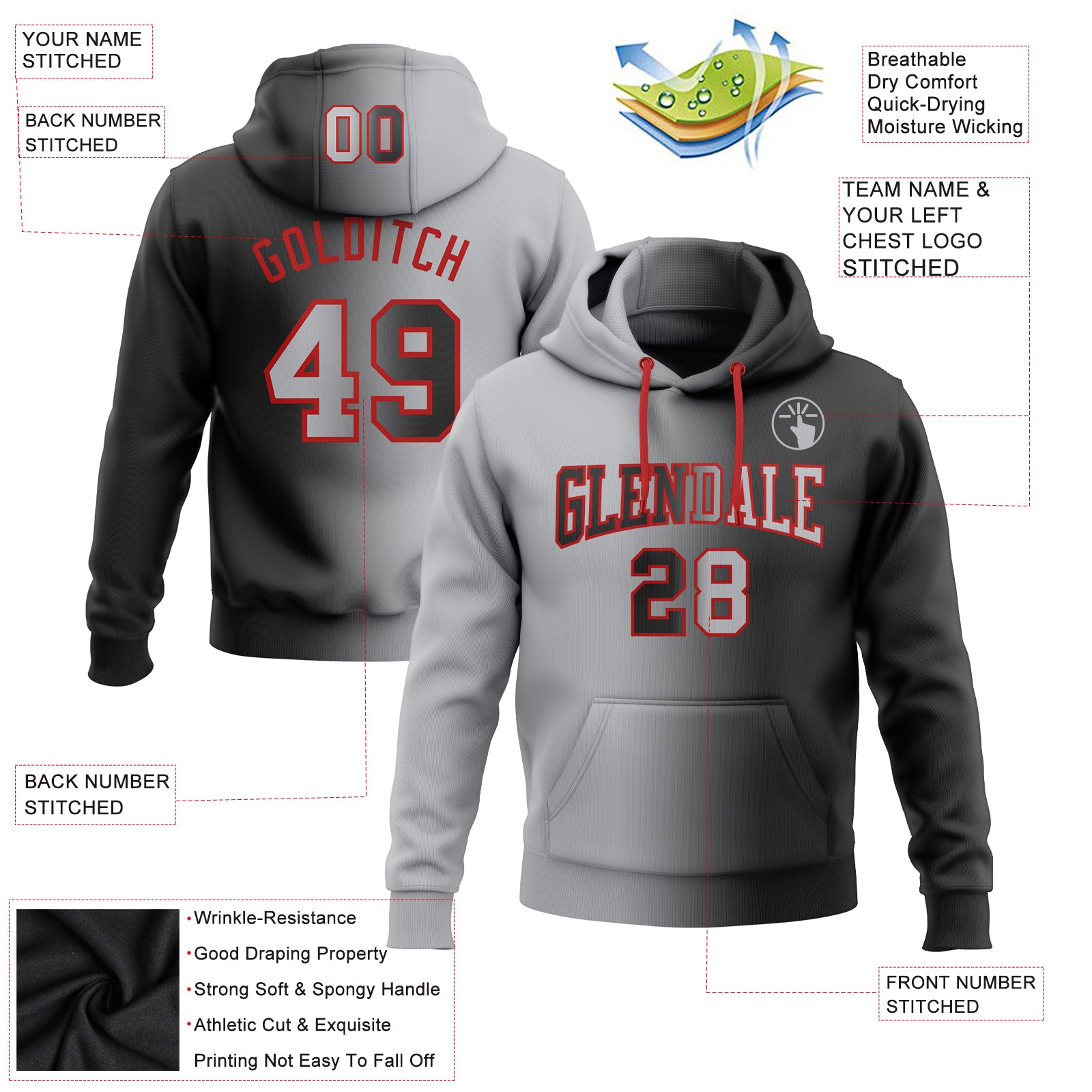 Custom Stitched Black Gray-Red Gradient Fashion Sports Pullover Sweatshirt Hoodie