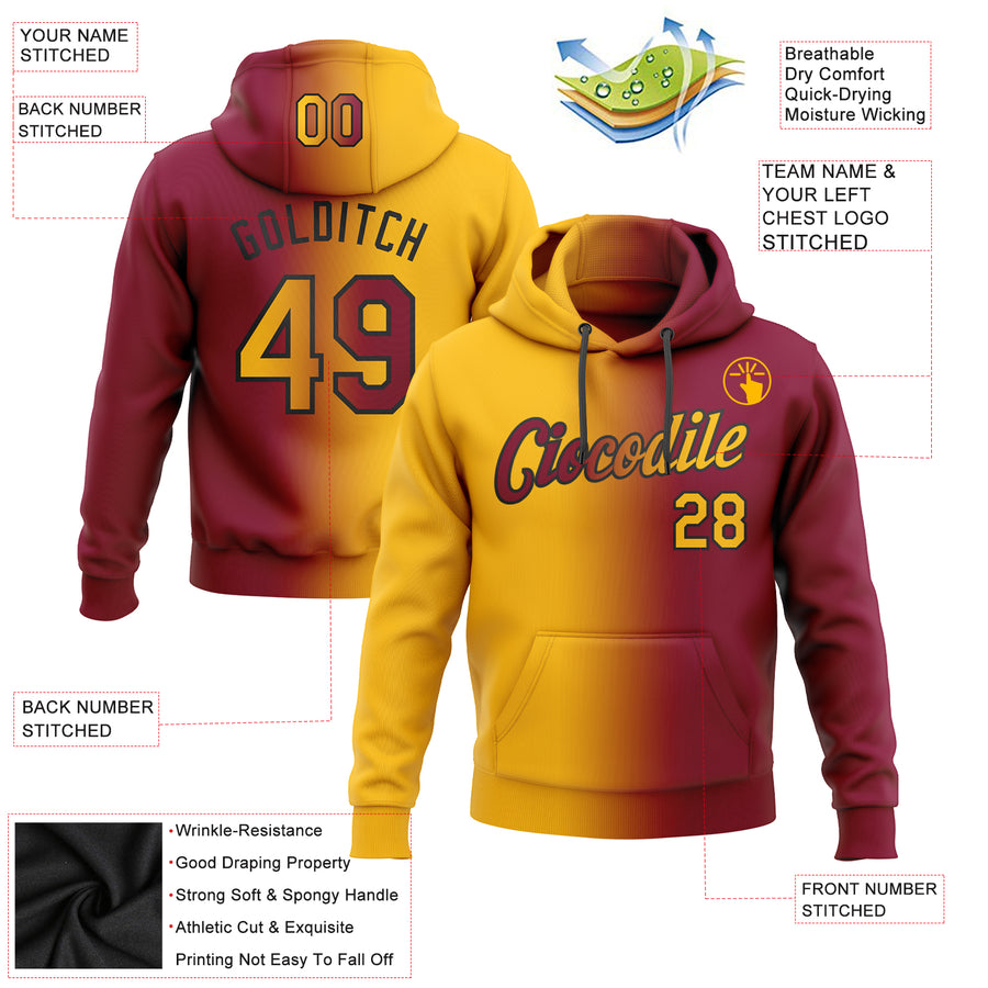 Custom Stitched Maroon Gold-Black Gradient Fashion Sports Pullover Sweatshirt Hoodie