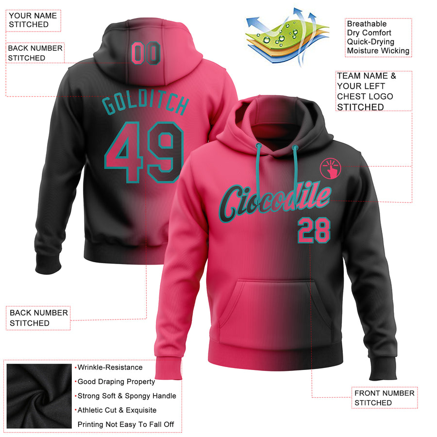 Custom Stitched Black Neon Pink-Teal Gradient Fashion Sports Pullover Sweatshirt Hoodie