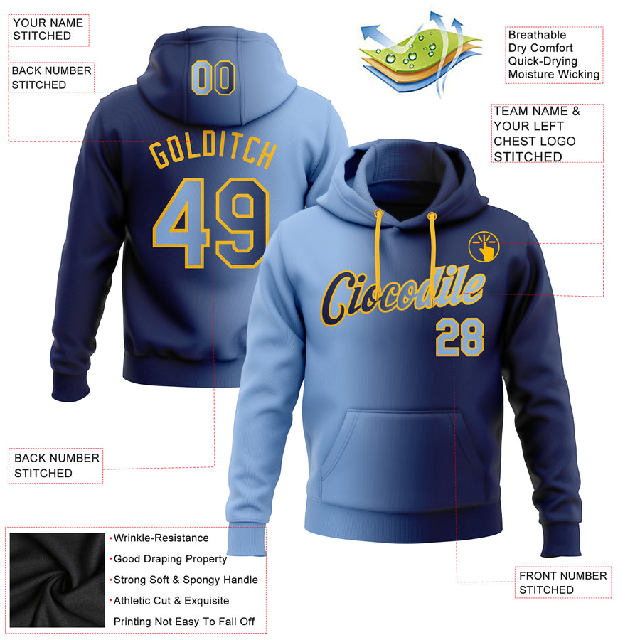 Custom Stitched Navy Light Blue-Gold Gradient Fashion Sports Pullover Sweatshirt Hoodie