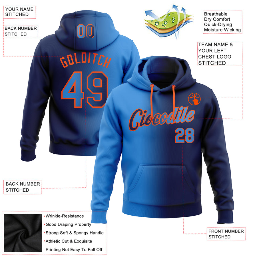 Custom Stitched Navy Powder Blue-Orange Gradient Fashion Sports Pullover Sweatshirt Hoodie