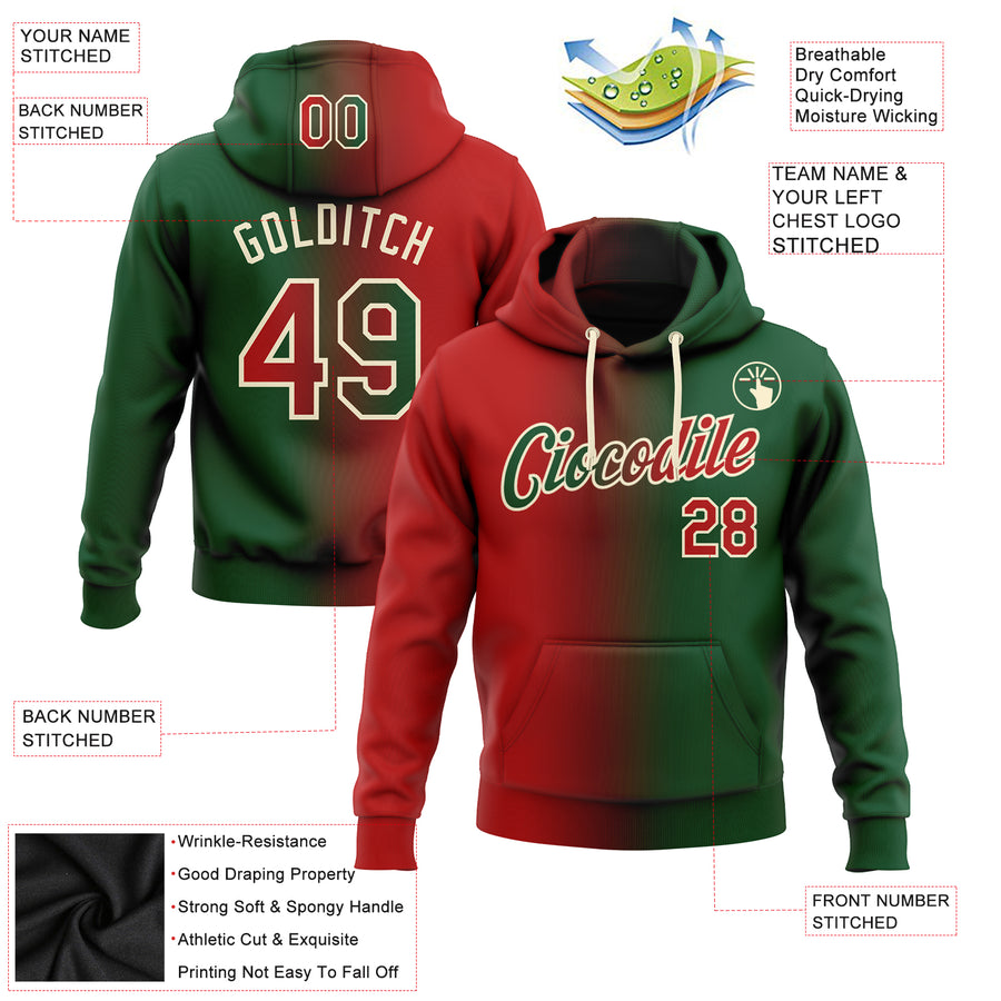 Custom Stitched Green Red-Cream Gradient Fashion Sports Pullover Sweatshirt Hoodie