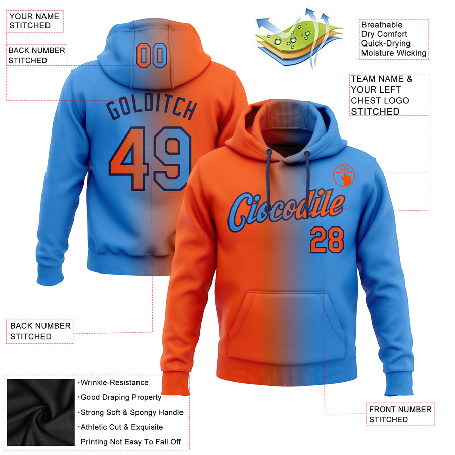 Custom Stitched Powder Blue Orange-Black Gradient Fashion Sports Pullover Sweatshirt Hoodie