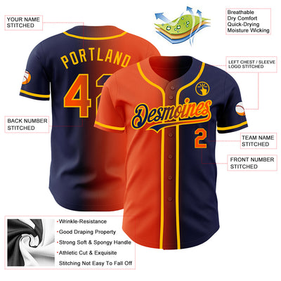 Custom Navy Orange-Gold Authentic Gradient Fashion Baseball Jersey