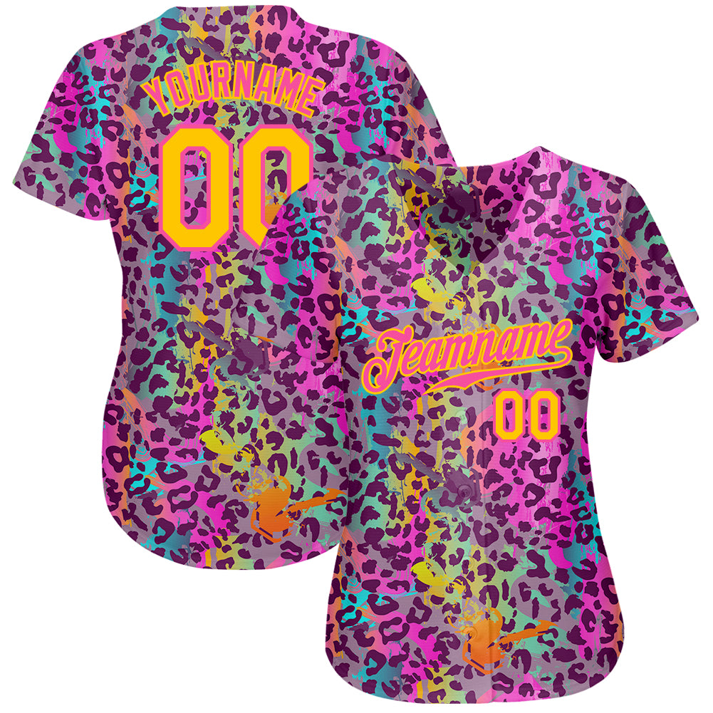 Custom Graffiti Pattern Gold-Pink 3D Colorful Leopard Authentic Baseball Jersey