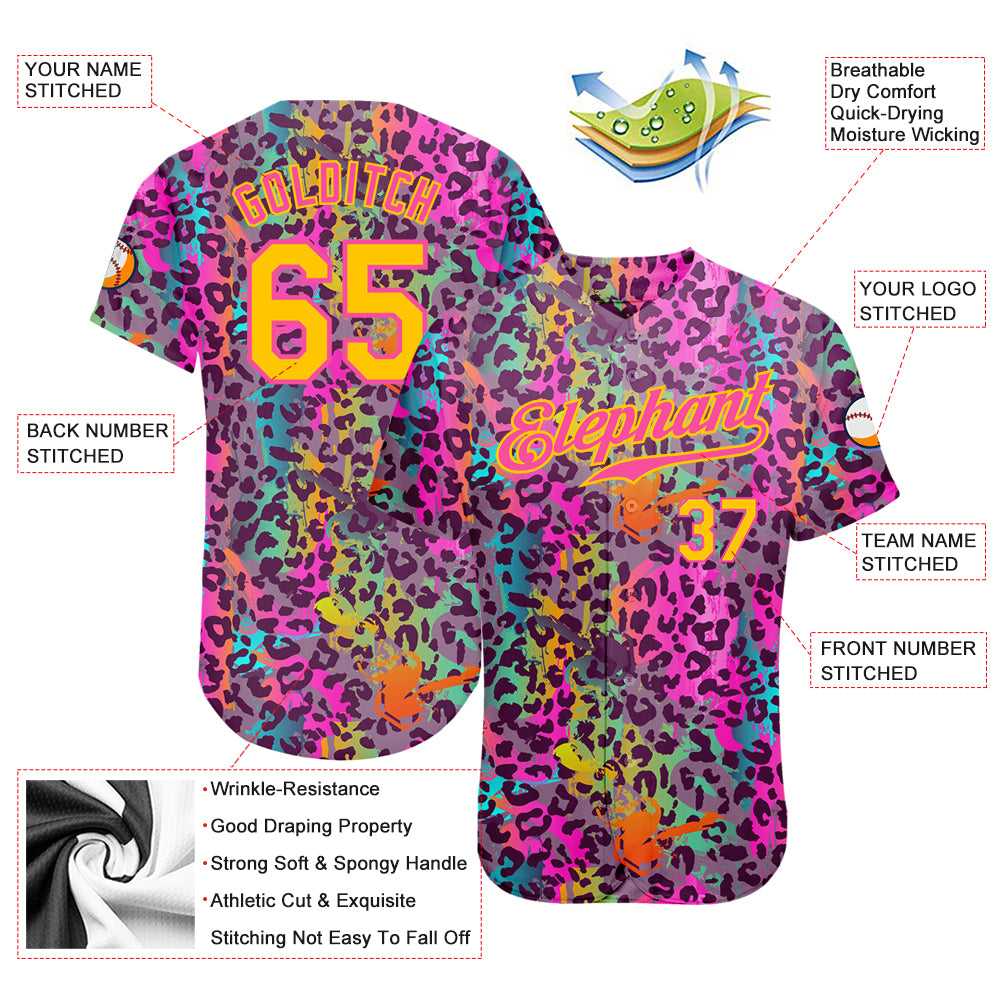 Custom Graffiti Pattern Gold-Pink 3D Colorful Leopard Authentic Baseball Jersey